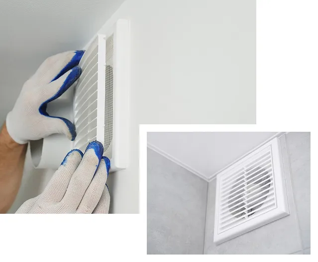 Gants installant une grille de ventilation blanche, avec un ventilateur déjà en place à Cormeilles-en-Parisis dans le Val-d’Oise 95